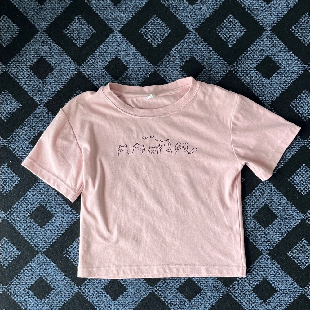 Girls' Light Pink Cat Graphic Short Sleeve Tee